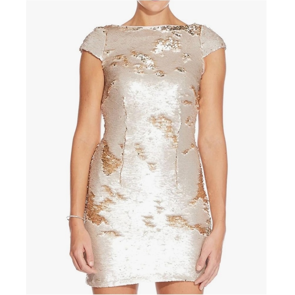 Adrianna Papell Beige Champagne Gold Two-Tone Sequin Mini Dress Size 12